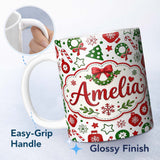 Personalized Custom Name Cute Christmas Ornaments Candy Cane Tree Wreath Seamless Pattern 11oz Ceramic Coffee Tea Mug White Large Handle