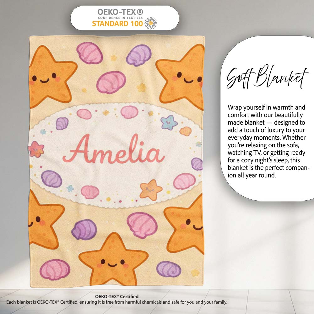 Cute Starfish Shell Cartoon Ocean Animal Pattern Cute Unique Gift  Personalised Custom Name Super Soft Fleece Blanket Bed Sofa Throw
