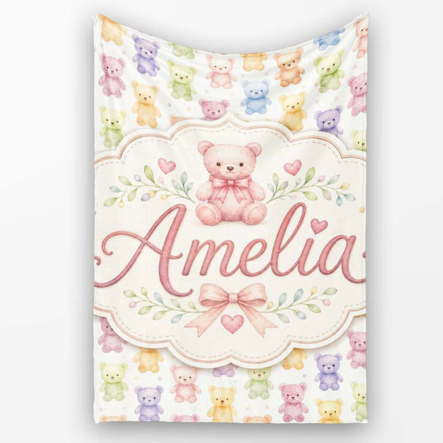 Pastel Rainbow Teddy Bears Soft Cute Seamless Pattern Lovely  Personalised Custom Name Super Soft Fleece Blanket Bed Sofa Throw