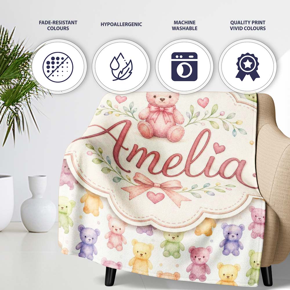 Pastel Rainbow Teddy Bears Soft Cute Seamless Pattern Lovely  Personalised Custom Name Super Soft Fleece Blanket Bed Sofa Throw
