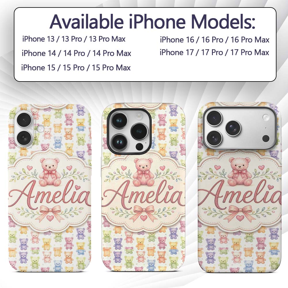 Pastel Rainbow Teddy Bears Soft Cute Seamless Custom Name Protective Phone Case Mobile Cover Durable Everyday Smartphone Shock Resistant