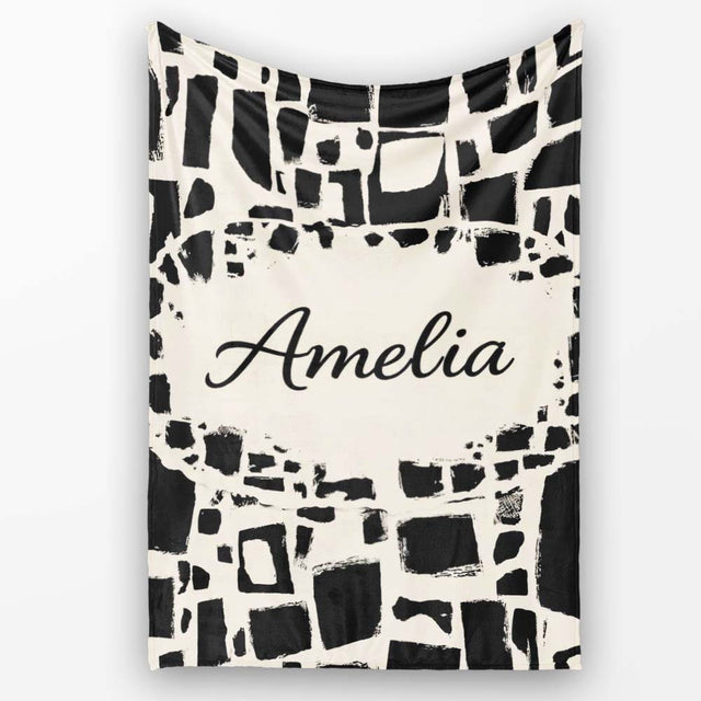 Irregular Mosaic Tiles Black Cream Abstract Geometric Pattern Lovely  Personalised Custom Name Super Soft Fleece Blanket Bed Sofa Throw