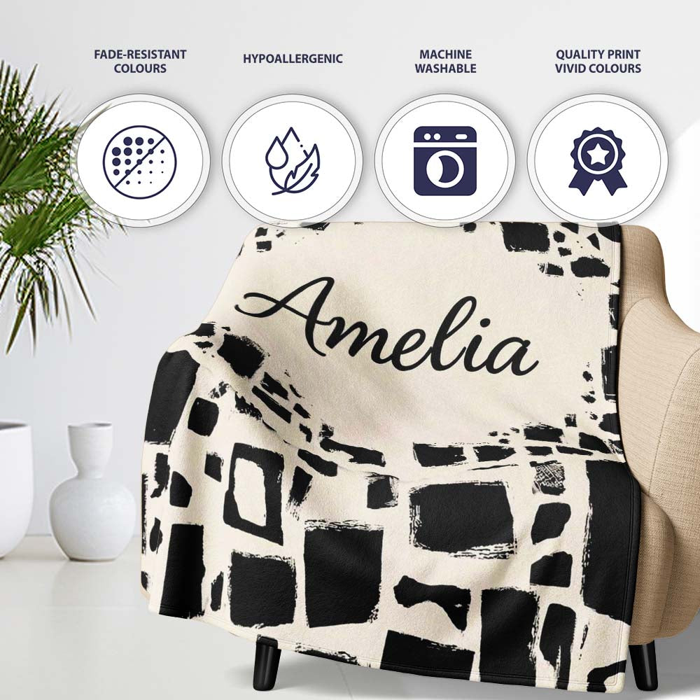 Irregular Mosaic Tiles Black Cream Abstract Geometric Pattern Lovely  Personalised Custom Name Super Soft Fleece Blanket Bed Sofa Throw