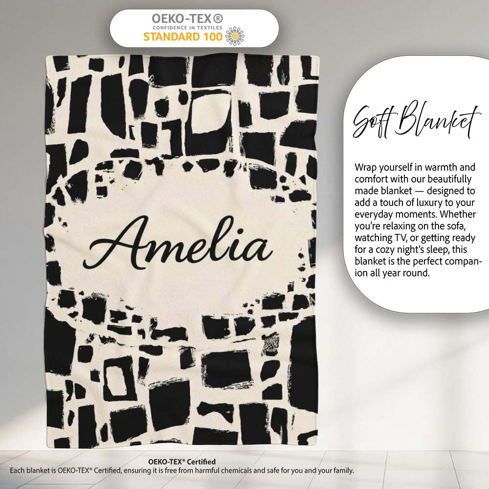 Irregular Mosaic Tiles Black Cream Abstract Geometric Pattern Lovely  Personalised Custom Name Super Soft Fleece Blanket Bed Sofa Throw