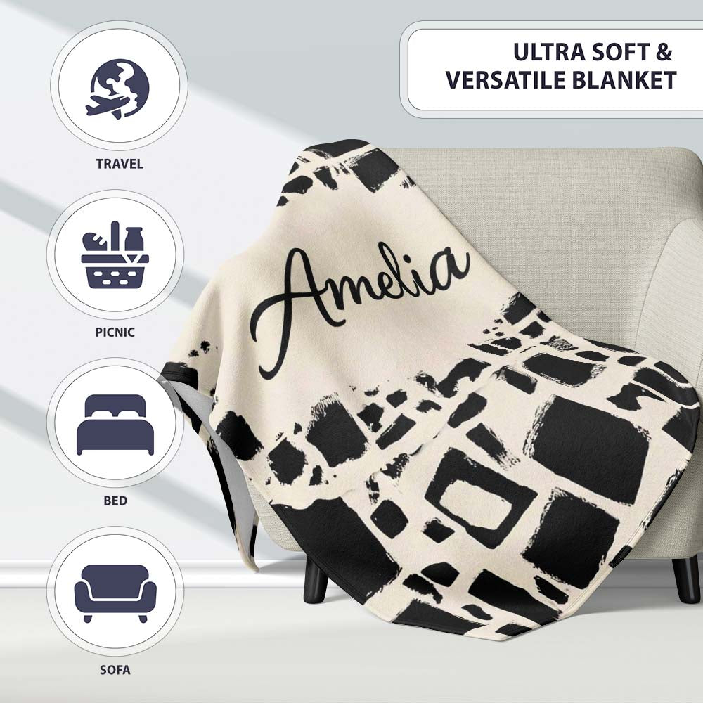 Irregular Mosaic Tiles Black Cream Abstract Geometric Pattern Lovely  Personalised Custom Name Super Soft Fleece Blanket Bed Sofa Throw