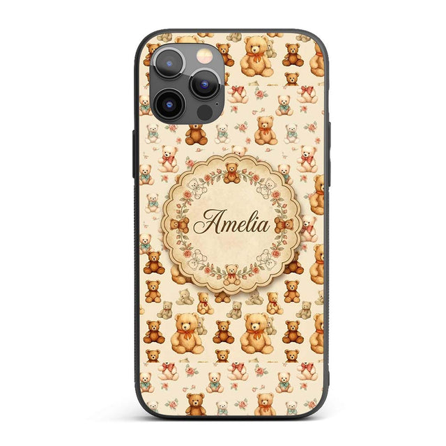 Cute Teddy Bears with Soft Neutral Background Custom Name Protective Phone Case Mobile Cover Durable Everyday Smartphone Shock Resistant