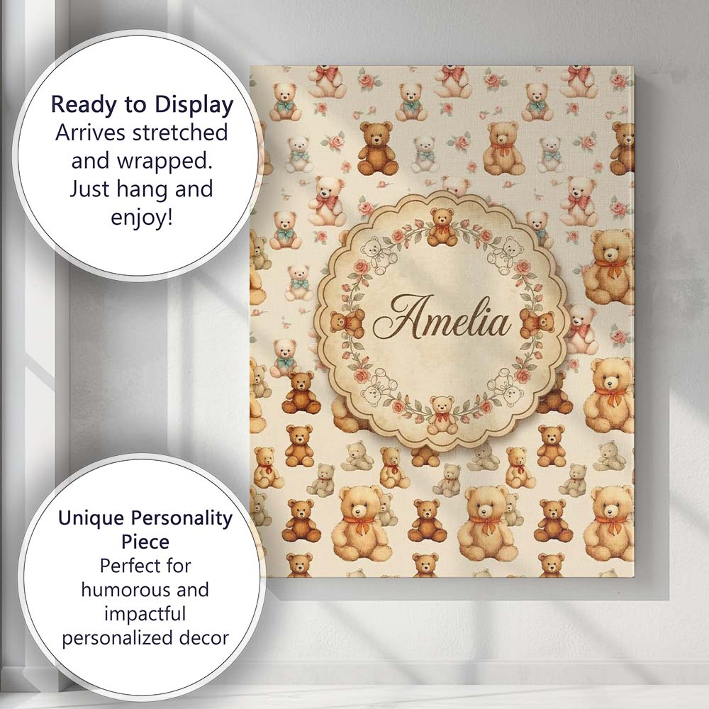 Personalised Name Cute Teddy Bears with Custom  Modern Room Accent Elegant Feature Canvas Wall Art Print Decor Picture Ready to Hang