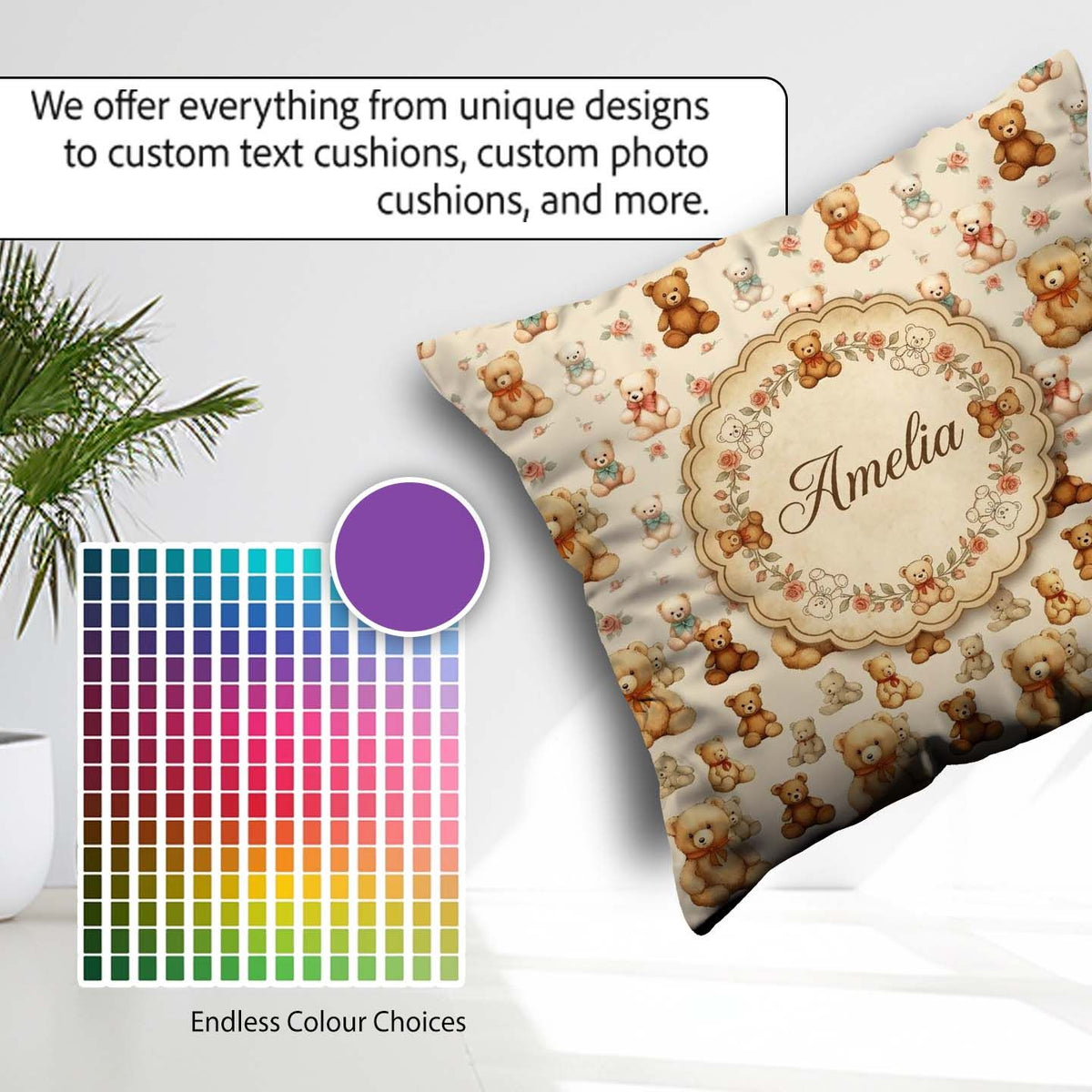 Custom Name Cute Teddy Bears with Soft Neutral Seamless Pattern Square Filled Cushion Throw Pillow Sofa Bed Home Decor Zip Washable UK Made