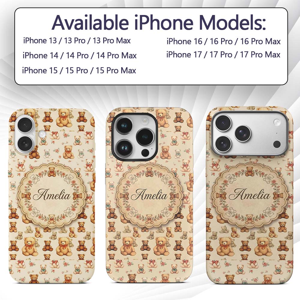 Cute Teddy Bears with Soft Neutral Background Custom Name Protective Phone Case Mobile Cover Durable Everyday Smartphone Shock Resistant