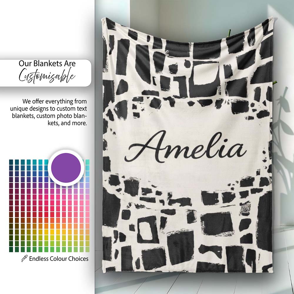 Irregular Mosaic Tiles Black Cream Abstract Geometric Pattern Lovely  Personalised Custom Name Super Soft Fleece Blanket Bed Sofa Throw