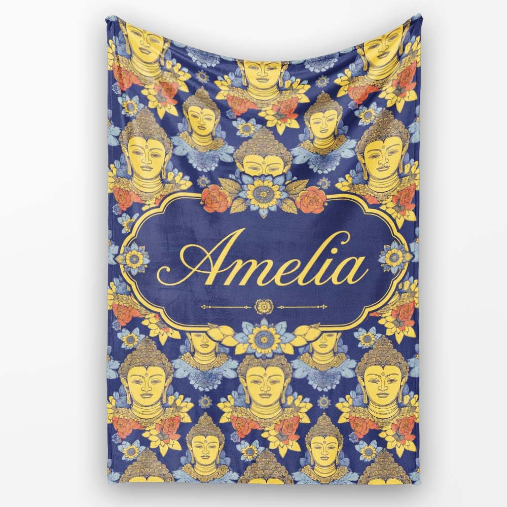 Golden Buddha Faces with Floral Elements Seamless Pattern Lovely  Personalised Custom Name Super Soft Fleece Blanket Bed Sofa Throw