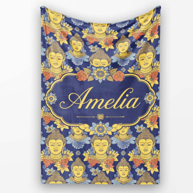 Golden Buddha Faces with Floral Elements Seamless Pattern Lovely  Personalised Custom Name Super Soft Fleece Blanket Bed Sofa Throw