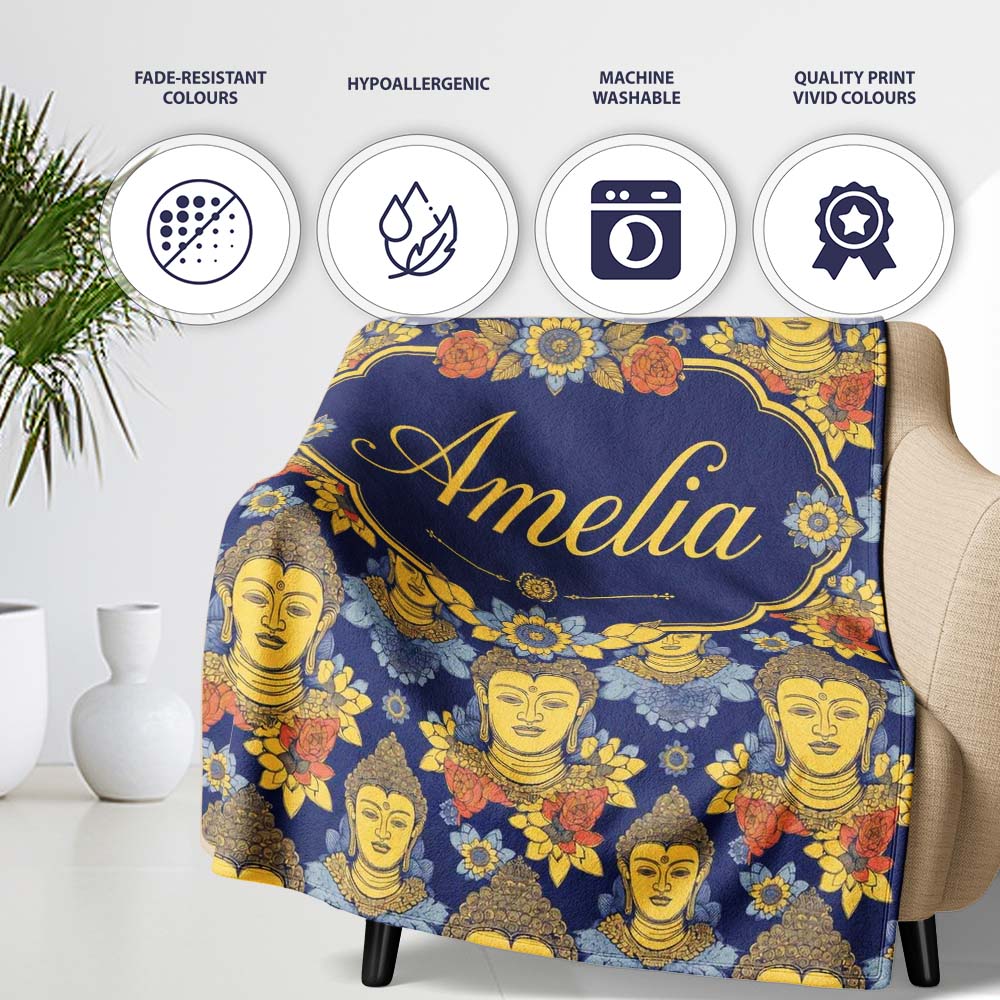 Golden Buddha Faces with Floral Elements Seamless Pattern Lovely  Personalised Custom Name Super Soft Fleece Blanket Bed Sofa Throw