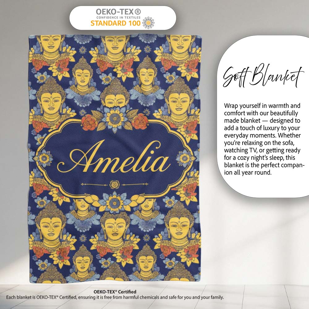 Golden Buddha Faces with Floral Elements Seamless Pattern Lovely  Personalised Custom Name Super Soft Fleece Blanket Bed Sofa Throw