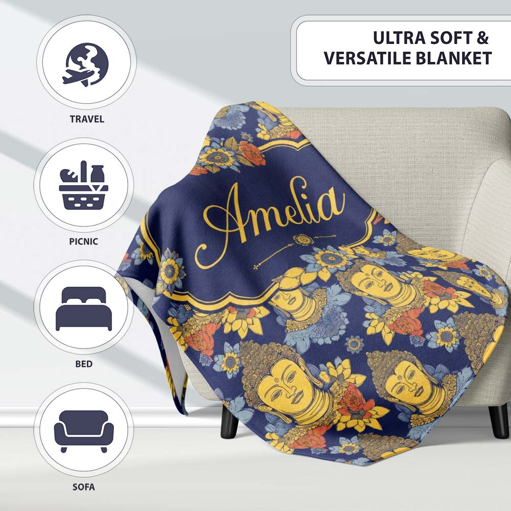 Golden Buddha Faces with Floral Elements Seamless Pattern Lovely  Personalised Custom Name Super Soft Fleece Blanket Bed Sofa Throw
