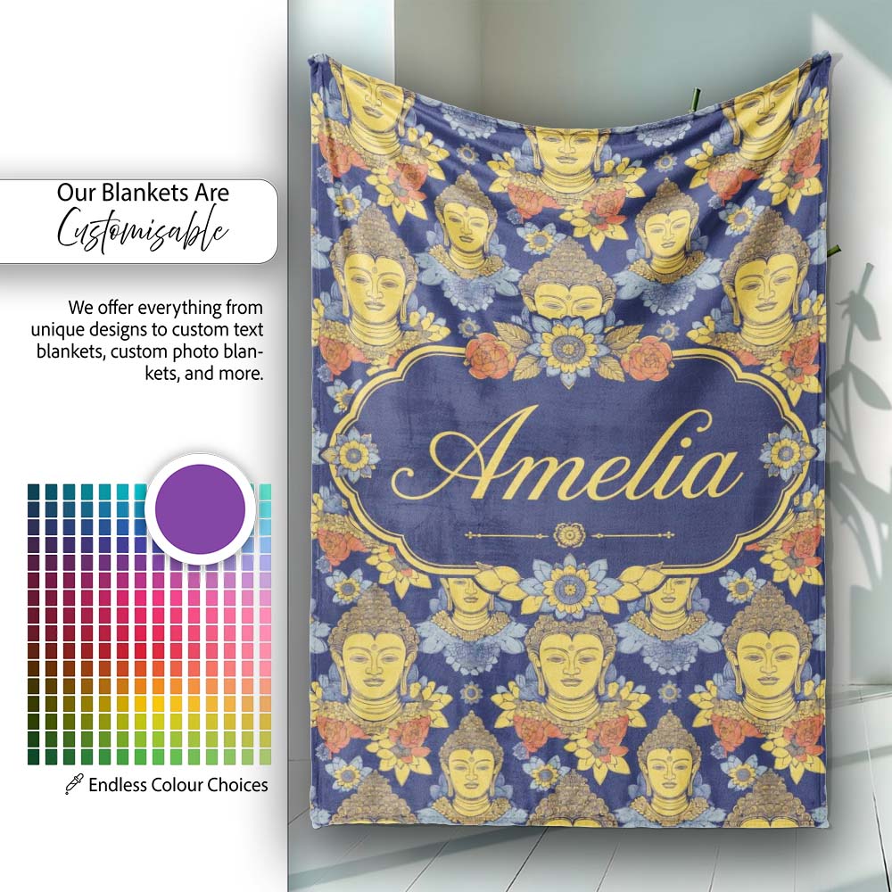 Golden Buddha Faces with Floral Elements Seamless Pattern Lovely  Personalised Custom Name Super Soft Fleece Blanket Bed Sofa Throw