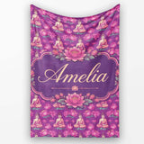 Meditating Buddha with Lotus Flowers Purple Seamless Pattern Lovely  Personalised Custom Name Super Soft Fleece Blanket Bed Sofa Throw