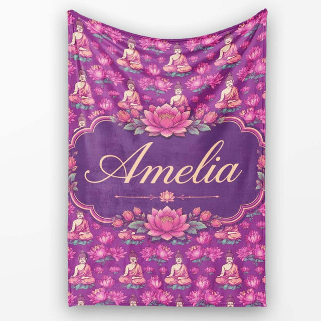 Meditating Buddha with Lotus Flowers Purple Seamless Pattern Lovely  Personalised Custom Name Super Soft Fleece Blanket Bed Sofa Throw
