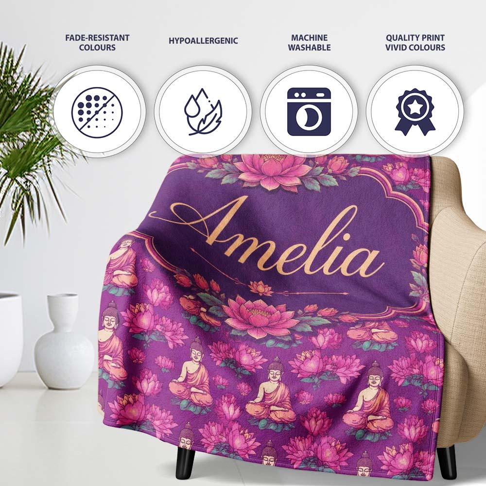Meditating Buddha with Lotus Flowers Purple Seamless Pattern Lovely  Personalised Custom Name Super Soft Fleece Blanket Bed Sofa Throw