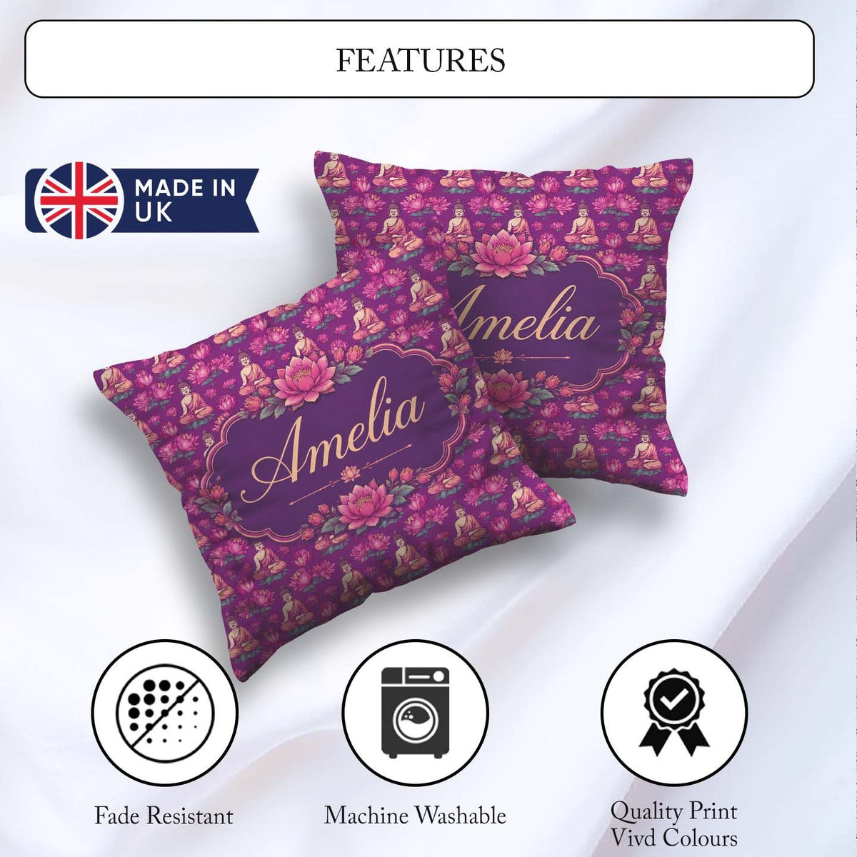 Custom Name Meditating Buddha with Lotus Flowers Purple Seamless Square Filled Cushion Throw Pillow Sofa Bed Home Decor Zip Washable UK Made