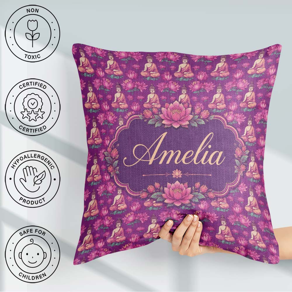 Custom Name Meditating Buddha with Lotus Flowers Purple Seamless Square Filled Cushion Throw Pillow Sofa Bed Home Decor Zip Washable UK Made