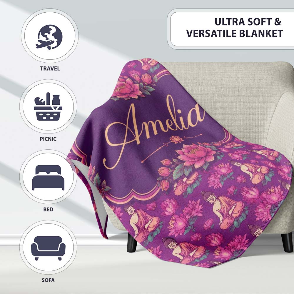 Meditating Buddha with Lotus Flowers Purple Seamless Pattern Lovely  Personalised Custom Name Super Soft Fleece Blanket Bed Sofa Throw
