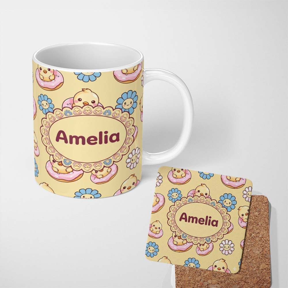 Personalized Custom Name Cute Baby Chick Donut Flowers Seamless Pattern Pastel Yellow Lovely 11oz Ceramic Coffee Tea Mug White Large Handle