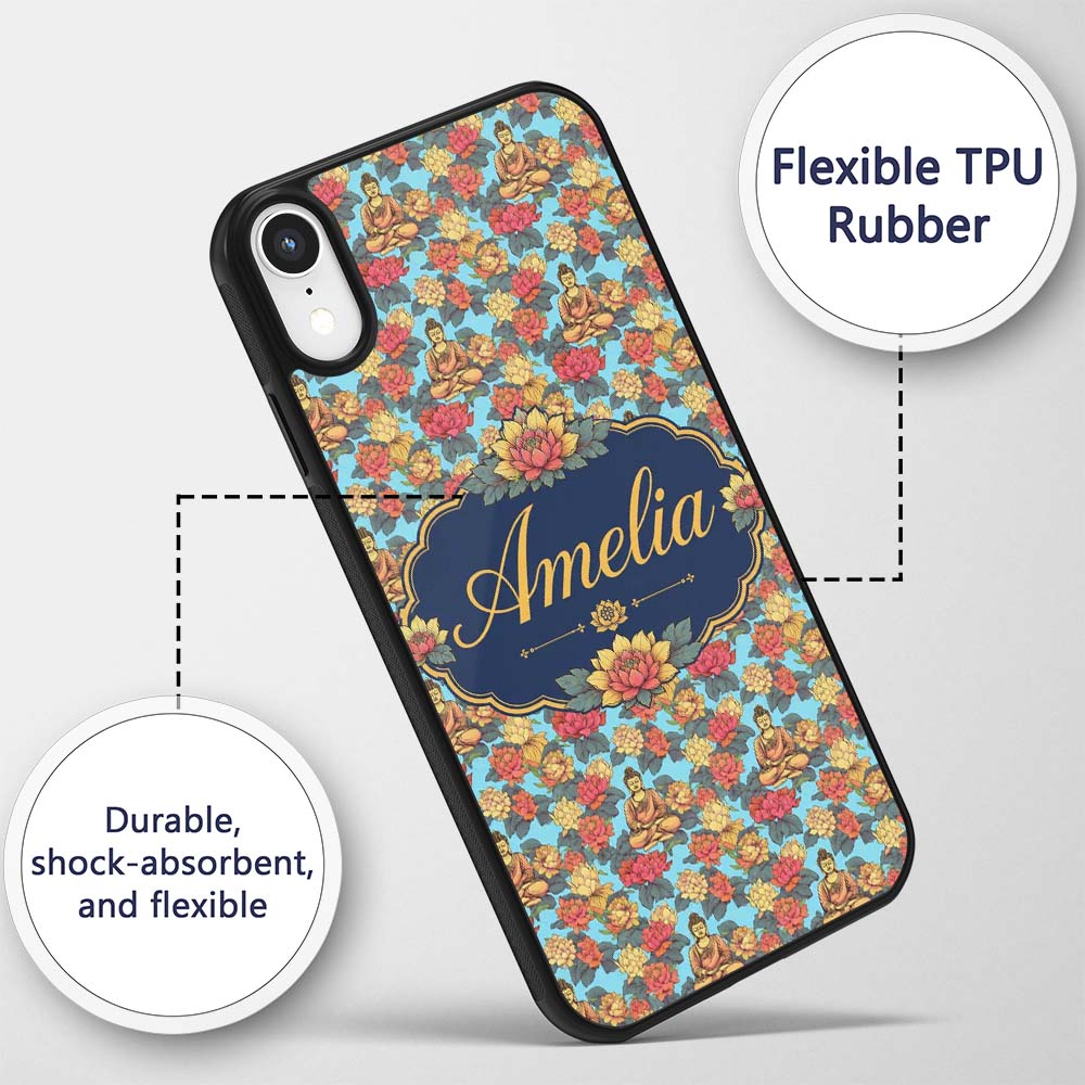 Buddha with Vibrant Floral Garden Blue Background Custom Name Protective Phone Case Mobile Cover Durable Everyday Smartphone Shock Resistant
