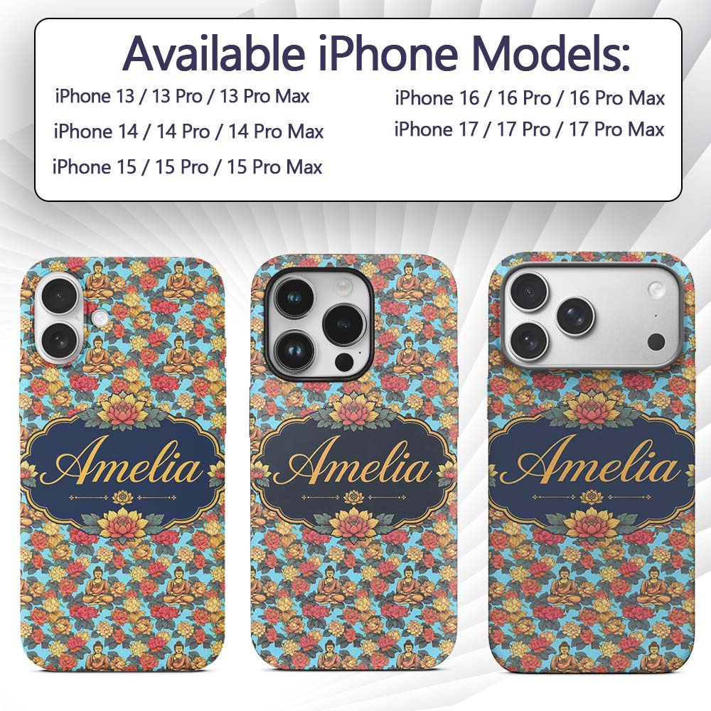 Buddha with Vibrant Floral Garden Blue Background Custom Name Protective Phone Case Mobile Cover Durable Everyday Smartphone Shock Resistant