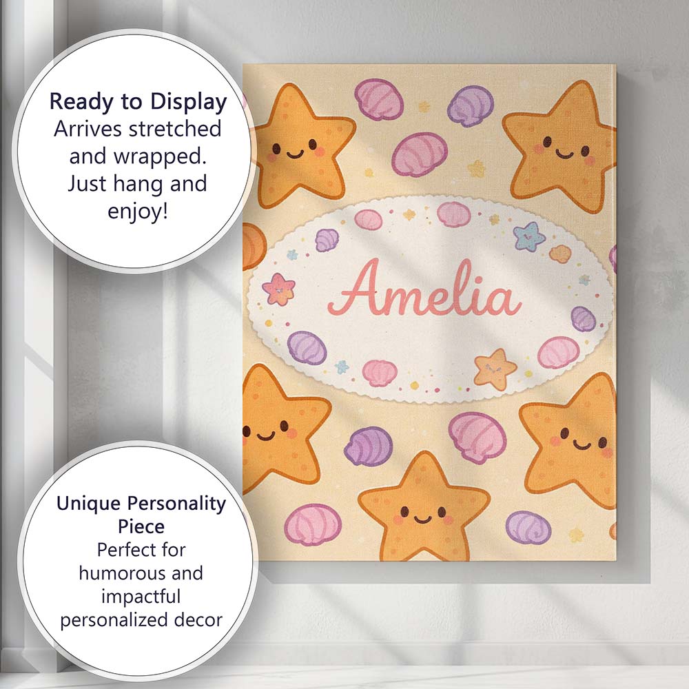 Personalised Name Cute Starfish Shell Cartoon Ocean Animal Pattern Custom  Unique Canvas Wall Art Print Decor Picture Ready to Hang