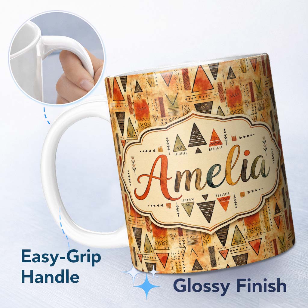 Personalized Custom Name Abstract Tribal Triangle Shapes Warm Earthy Seamless Pattern Design 11oz Ceramic Coffee Tea Mug White Large Handle