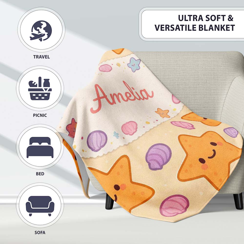 Cute Starfish Shell Cartoon Ocean Animal Pattern Cute Unique Gift  Personalised Custom Name Super Soft Fleece Blanket Bed Sofa Throw