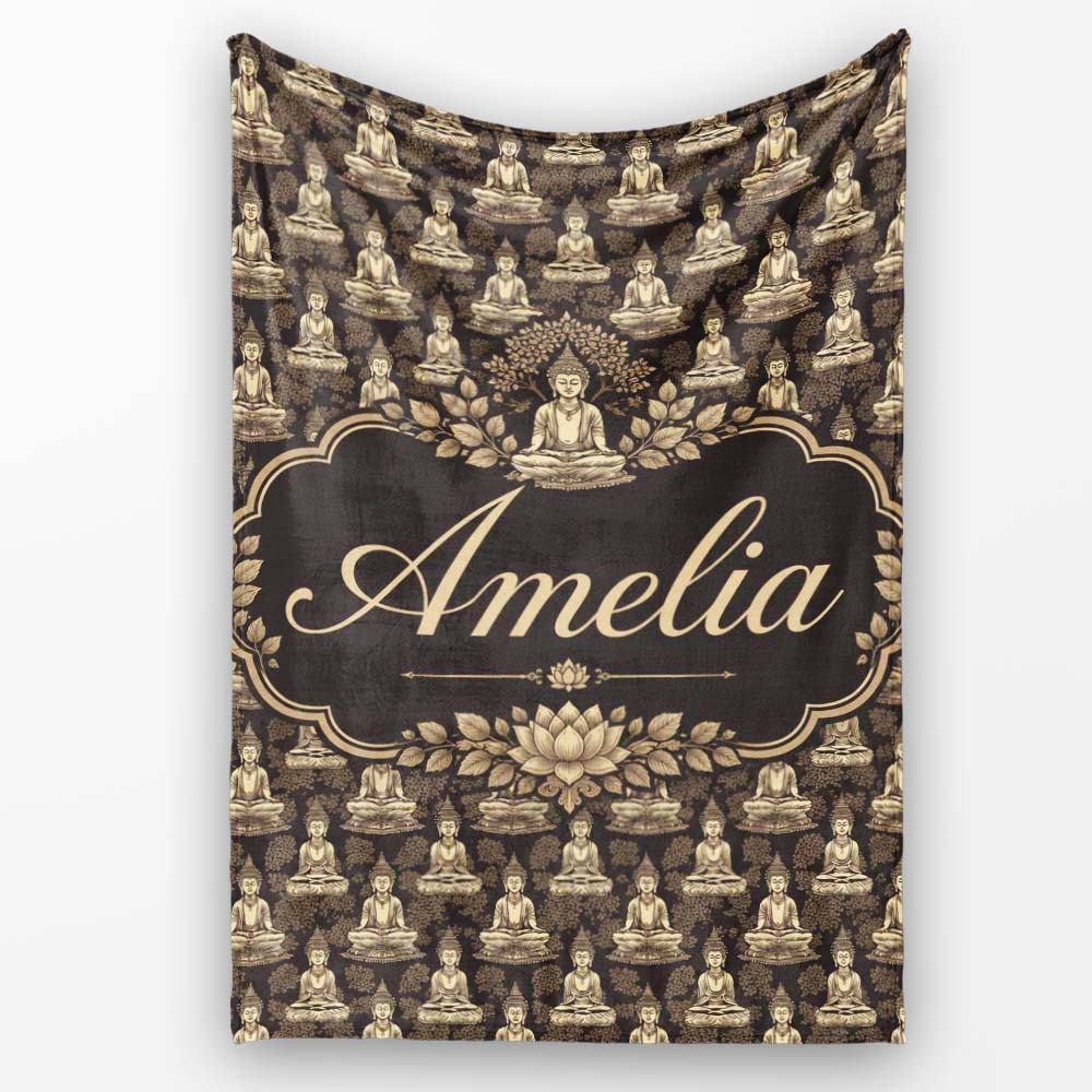 Vintage Buddha Meditation Pattern Dark Background Seamless Design  Personalised Custom Name Super Soft Fleece Blanket Bed Sofa Throw