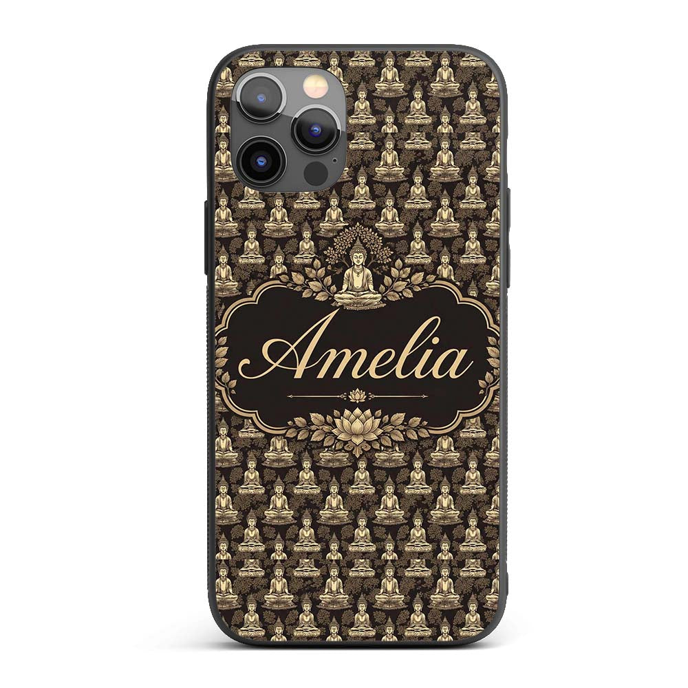 Vintage Buddha Meditation Pattern Dark Background Custom Name Protective Phone Case Mobile Cover Durable Everyday Smartphone Shock Resistant