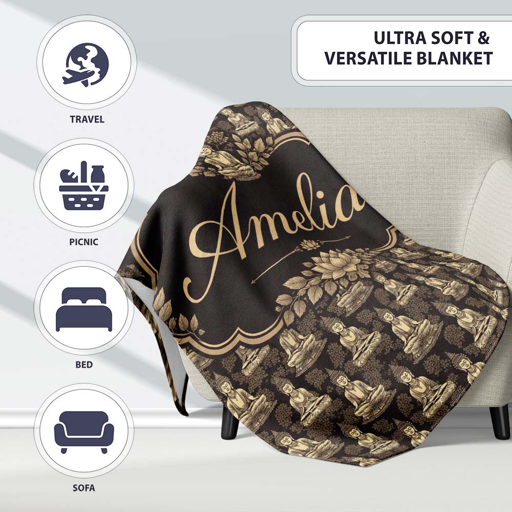 Vintage Buddha Meditation Pattern Dark Background Seamless Design  Personalised Custom Name Super Soft Fleece Blanket Bed Sofa Throw