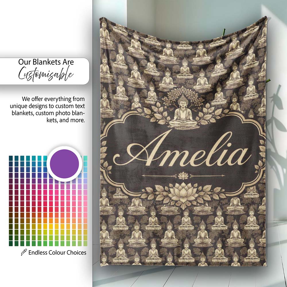 Vintage Buddha Meditation Pattern Dark Background Seamless Design  Personalised Custom Name Super Soft Fleece Blanket Bed Sofa Throw
