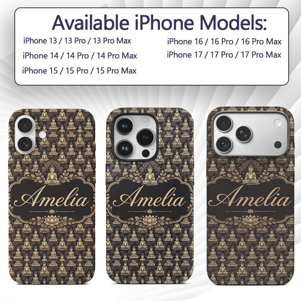 Vintage Buddha Meditation Pattern Dark Background Custom Name Protective Phone Case Mobile Cover Durable Everyday Smartphone Shock Resistant