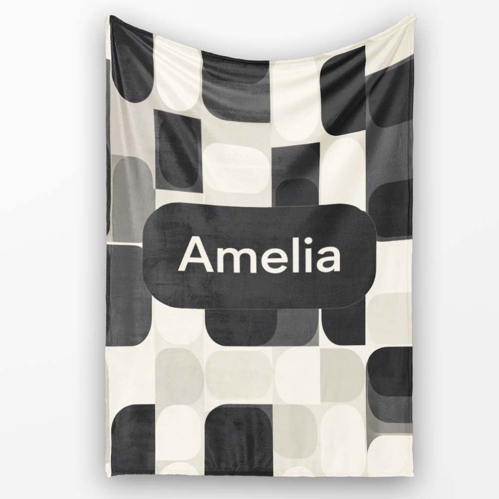 Modern Rounded Shapes Black Grey Minimalist Geometric Pattern Lovely  Personalised Custom Name Super Soft Fleece Blanket Bed Sofa Throw