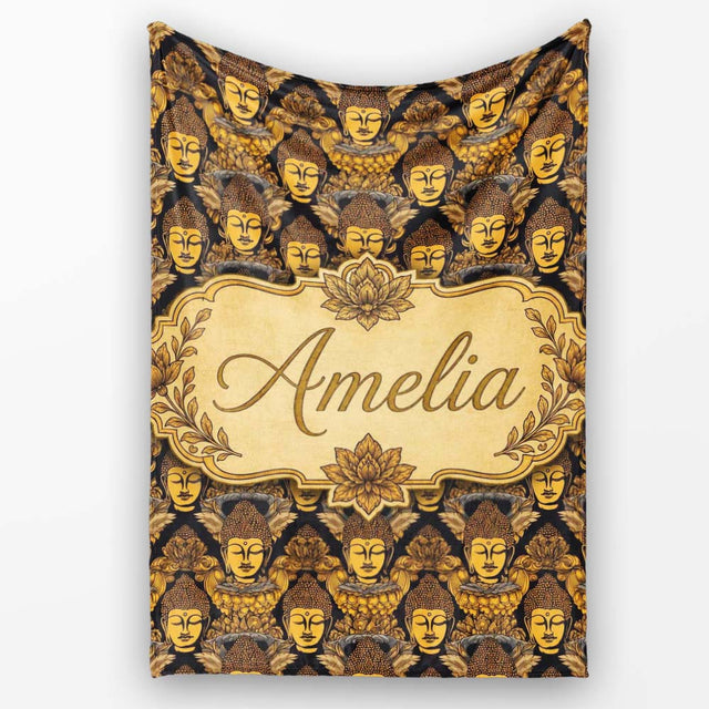 Golden Buddha Faces Ornate Pattern on Black Seamless Design Lovely  Personalised Custom Name Super Soft Fleece Blanket Bed Sofa Throw
