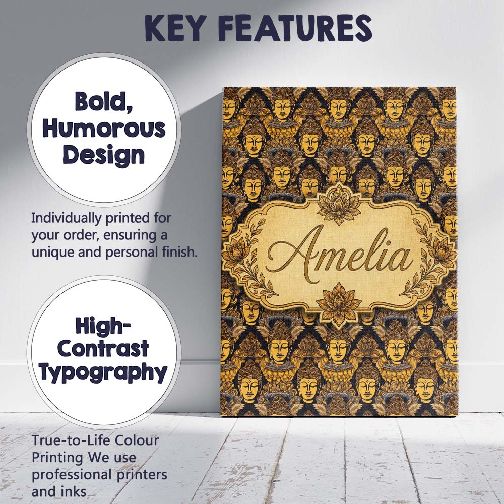 Personalised Name Golden Buddha Faces Custom Modern Room Accent Creative Decorator Style Canvas Wall Art Print Decor Picture Ready to Hang