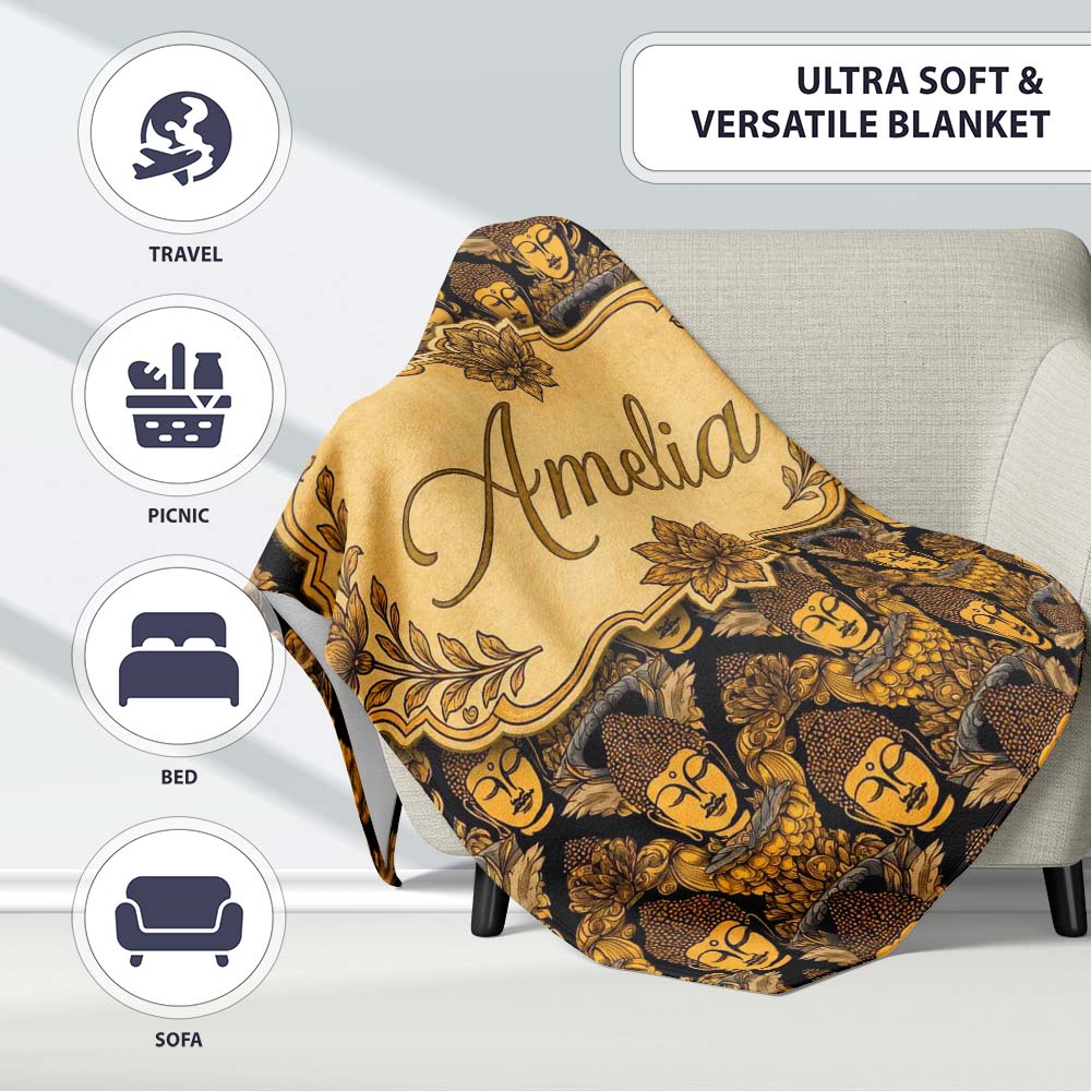Golden Buddha Faces Ornate Pattern on Black Seamless Design Lovely  Personalised Custom Name Super Soft Fleece Blanket Bed Sofa Throw