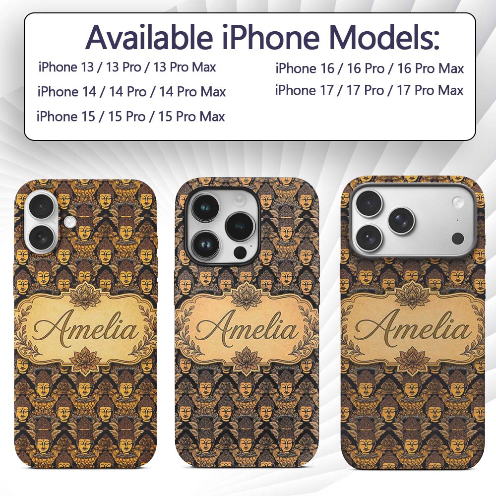 Golden Buddha Faces Ornate Pattern Printed Design Custom Name Protective Phone Case Mobile Cover Durable Everyday Smartphone Shock Resistant