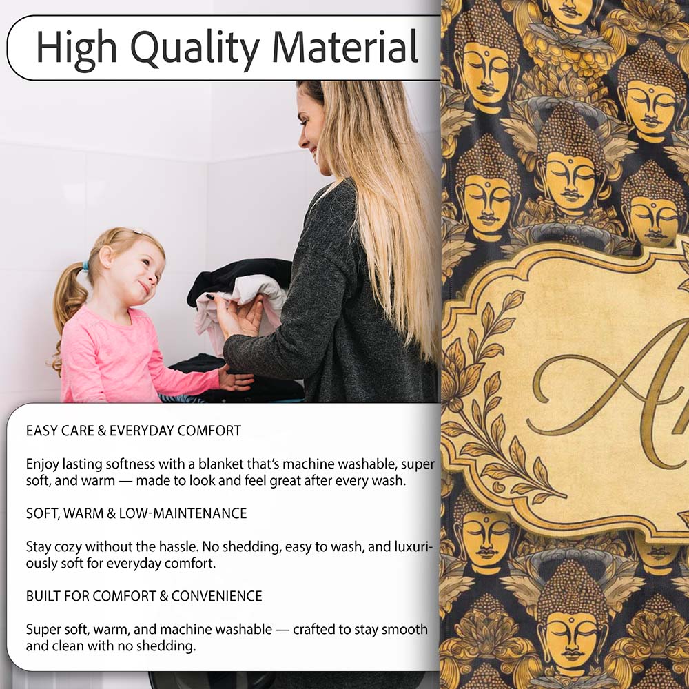 Golden Buddha Faces Ornate Pattern on Black Seamless Design Lovely  Personalised Custom Name Super Soft Fleece Blanket Bed Sofa Throw