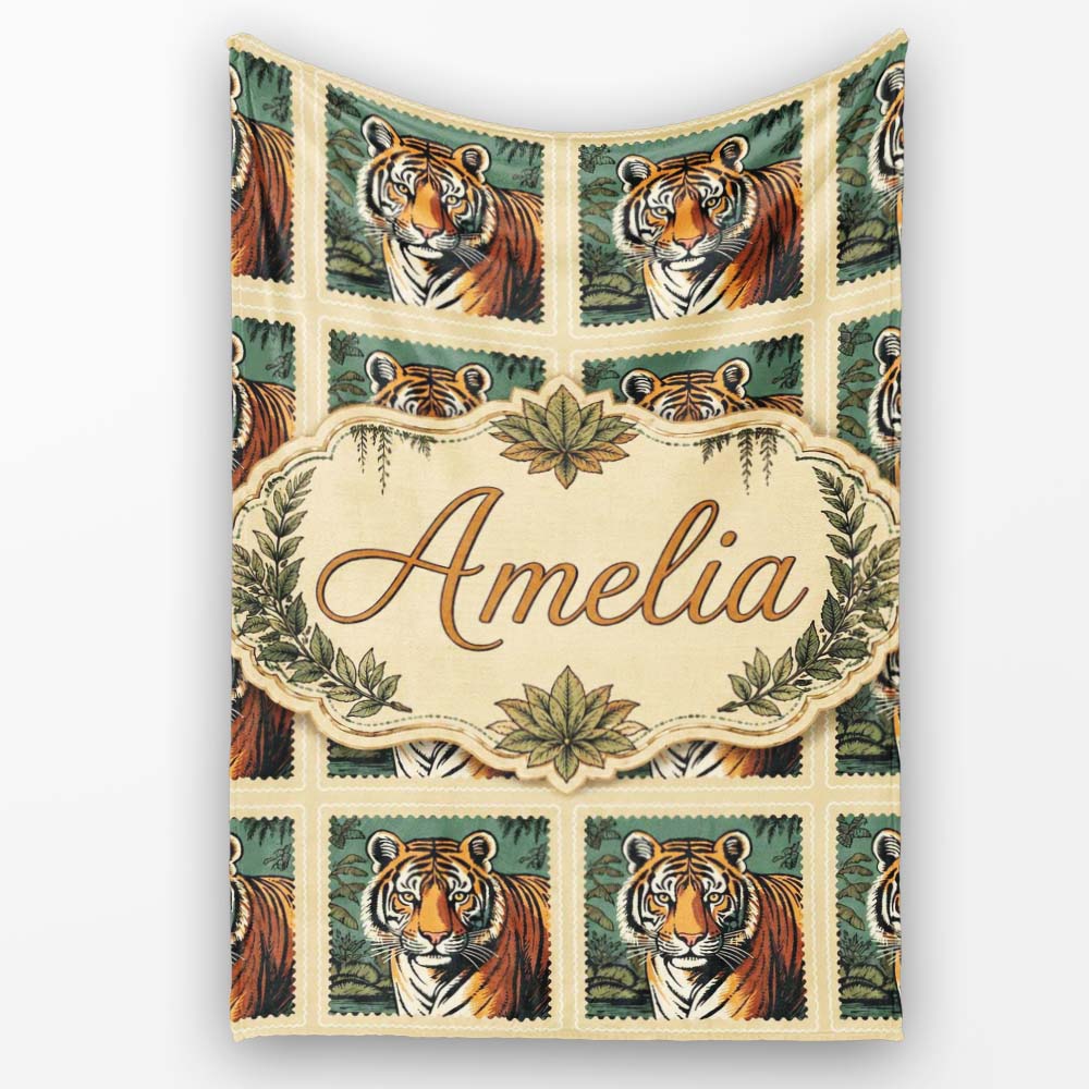 Vintage Tiger Portrait Stamp Style Seamless Pattern Cute Unique Gift  Personalised Custom Name Super Soft Fleece Blanket Bed Sofa Throw