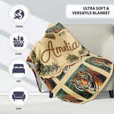 Vintage Tiger Portrait Stamp Style Seamless Pattern Cute Unique Gift  Personalised Custom Name Super Soft Fleece Blanket Bed Sofa Throw