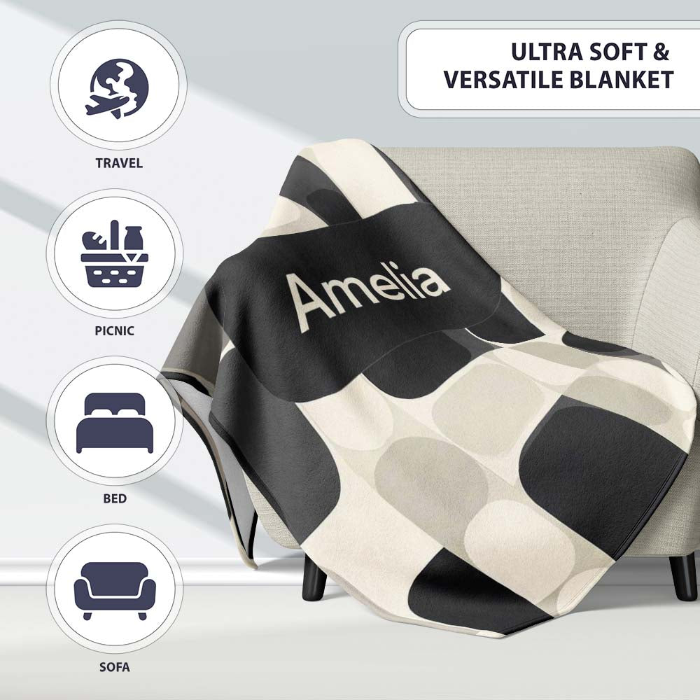 Modern Rounded Shapes Black Grey Minimalist Geometric Pattern Lovely  Personalised Custom Name Super Soft Fleece Blanket Bed Sofa Throw