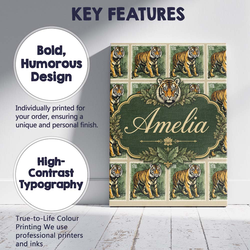 Personalised Name Classic Tiger Full Body Custom  Unique Gift Idea Elegant Feature Canvas Wall Art Print Decor Picture Ready to Hang