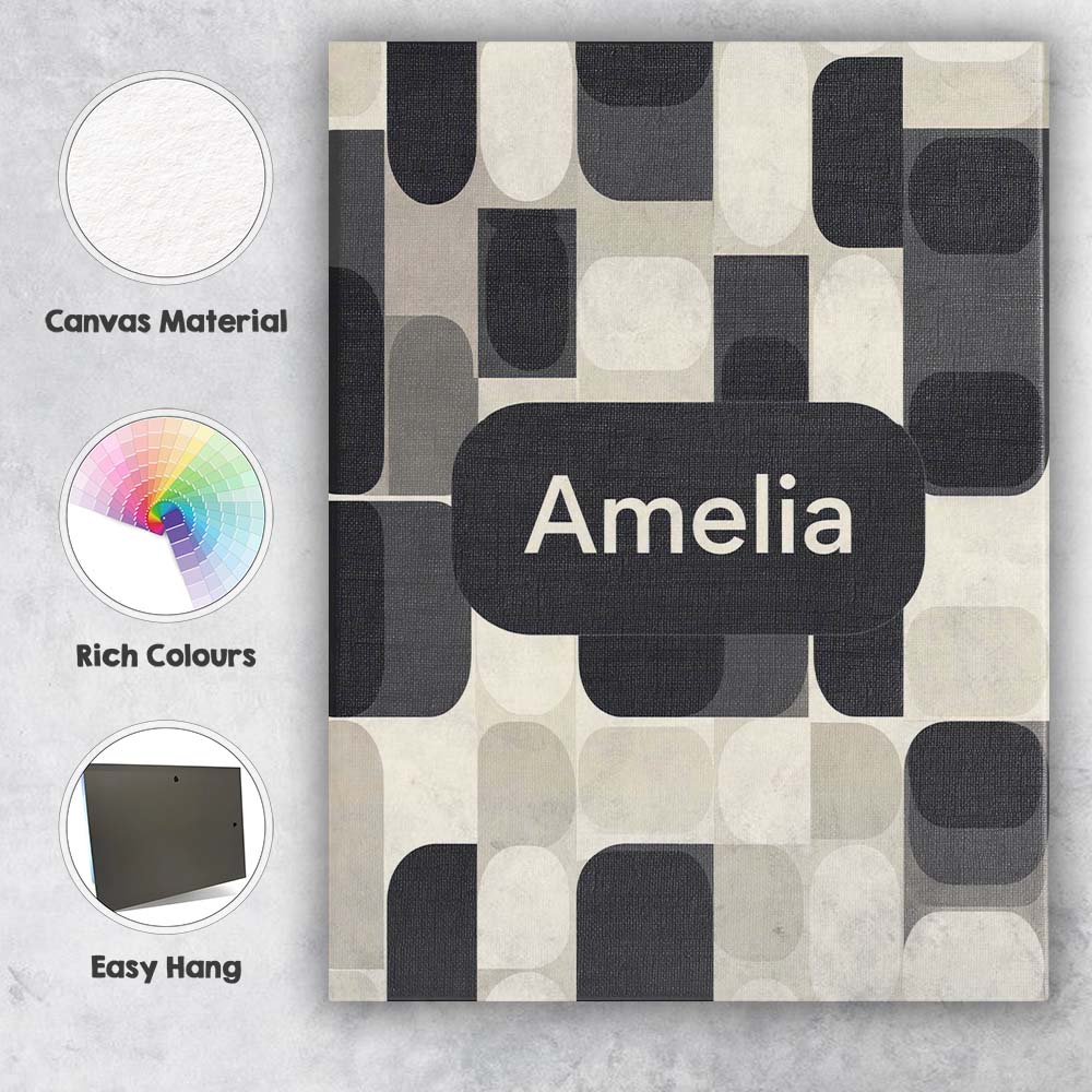 Personalised Name Modern Rounded Shapes Black Grey Minimalist Custom Contemporary Display Canvas Wall Art Print Decor Picture Ready to Hang