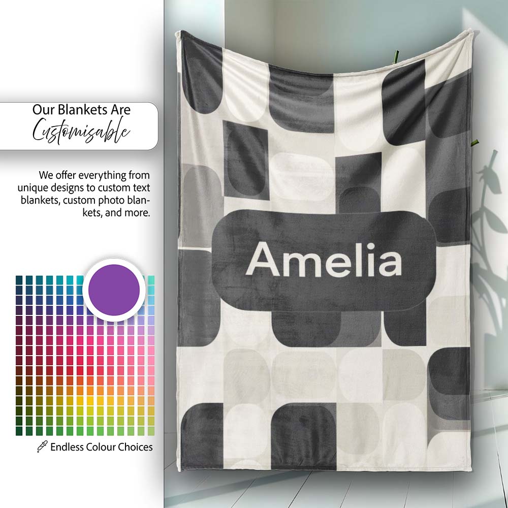 Modern Rounded Shapes Black Grey Minimalist Geometric Pattern Lovely  Personalised Custom Name Super Soft Fleece Blanket Bed Sofa Throw