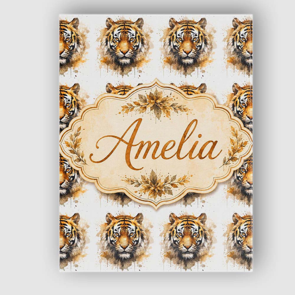 Personalised Name Watercolor Tiger Face Custom  Modern Room Accent Elegant Feature Canvas Wall Art Print Decor Picture Ready to Hang